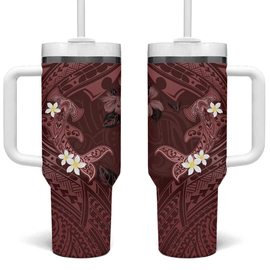 Polynesia Hammerhead Shark Tumbler With Handle Tropical Flowers Tribal Pattern Oxblood