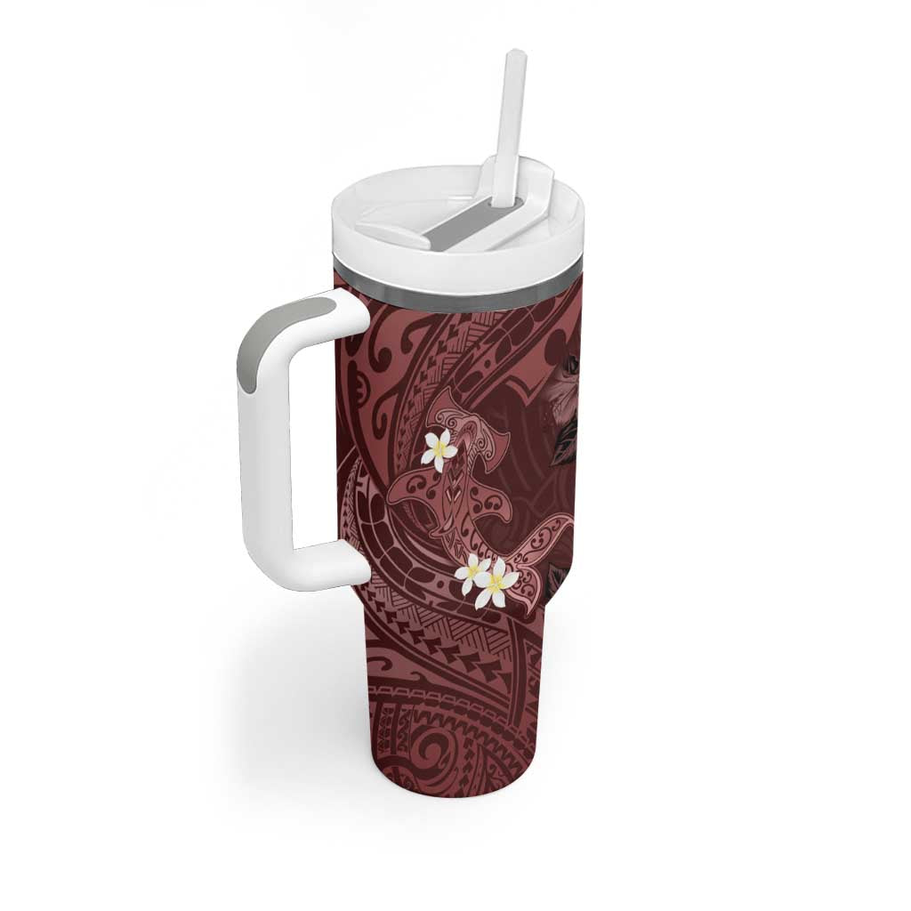 Polynesia Hammerhead Shark Tumbler With Handle Tropical Flowers Tribal Pattern Oxblood LT05 - Polynesian Pride