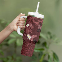 Polynesia Hammerhead Shark Tumbler With Handle Tropical Flowers Tribal Pattern Oxblood LT05 - Polynesian Pride
