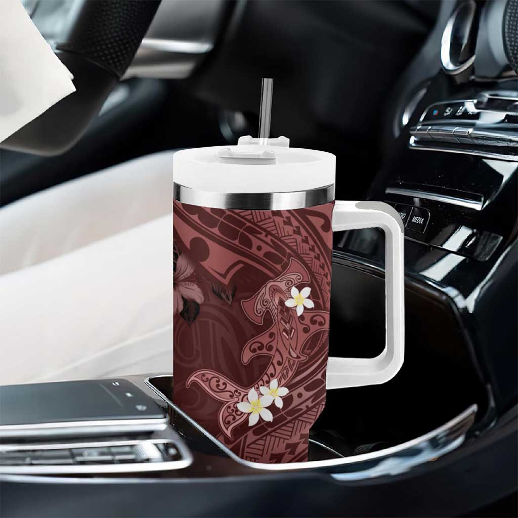 Polynesia Hammerhead Shark Tumbler With Handle Tropical Flowers Tribal Pattern Oxblood LT05 - Polynesian Pride