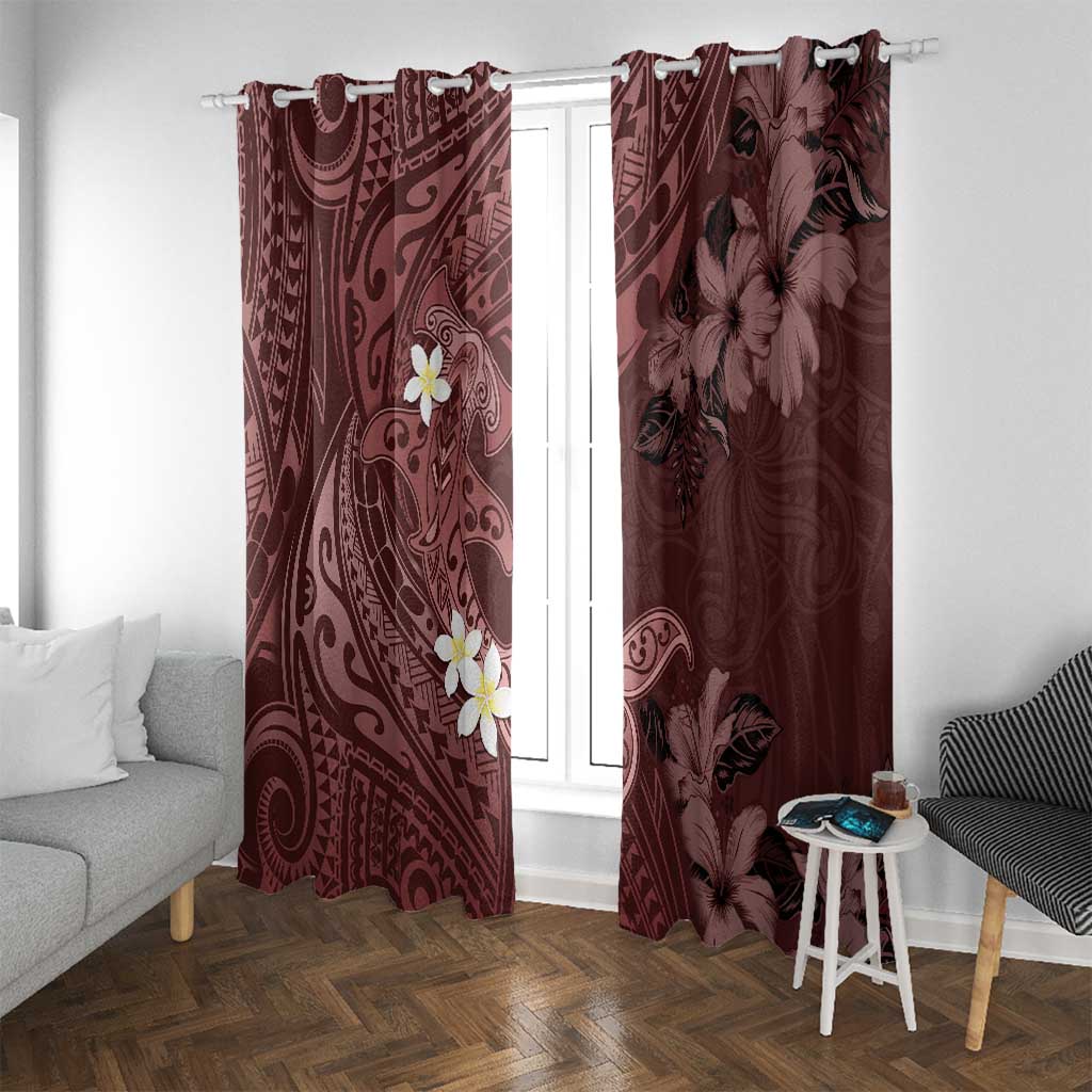 Polynesia Hammerhead Shark Window Curtain Tropical Flowers Tribal Pattern Oxblood LT05 With Grommets Oxblood - Polynesian Pride