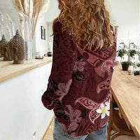Polynesia Hammerhead Shark Women Casual Shirt Tropical Flowers Tribal Pattern Oxblood