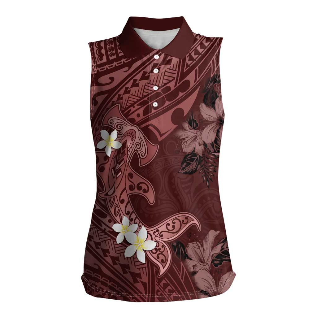 Polynesia Hammerhead Shark Women Sleeveless Polo Shirt Tropical Flowers Tribal Pattern Oxblood