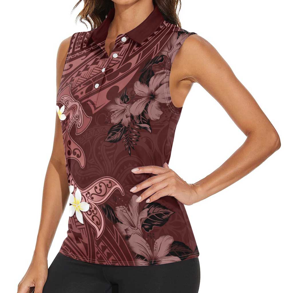 Polynesia Hammerhead Shark Women Sleeveless Polo Shirt Tropical Flowers Tribal Pattern Oxblood