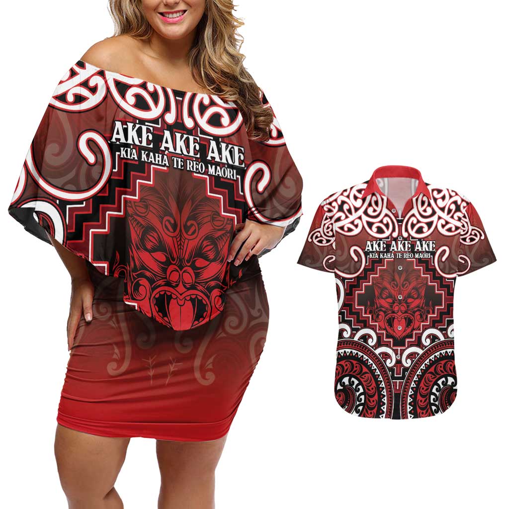 Personalised New Zealand Aotearoa Couples Matching Off Shoulder Short Dress and Hawaiian Shirt Te Reo Maori Ake Ake Ake - Polynesian Pride