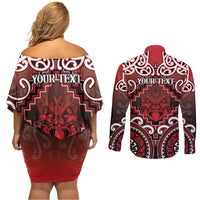 Personalised New Zealand Aotearoa Couples Matching Off Shoulder Short Dress and Long Sleeve Button Shirt Te Reo Maori Ake Ake Ake - Polynesian Pride