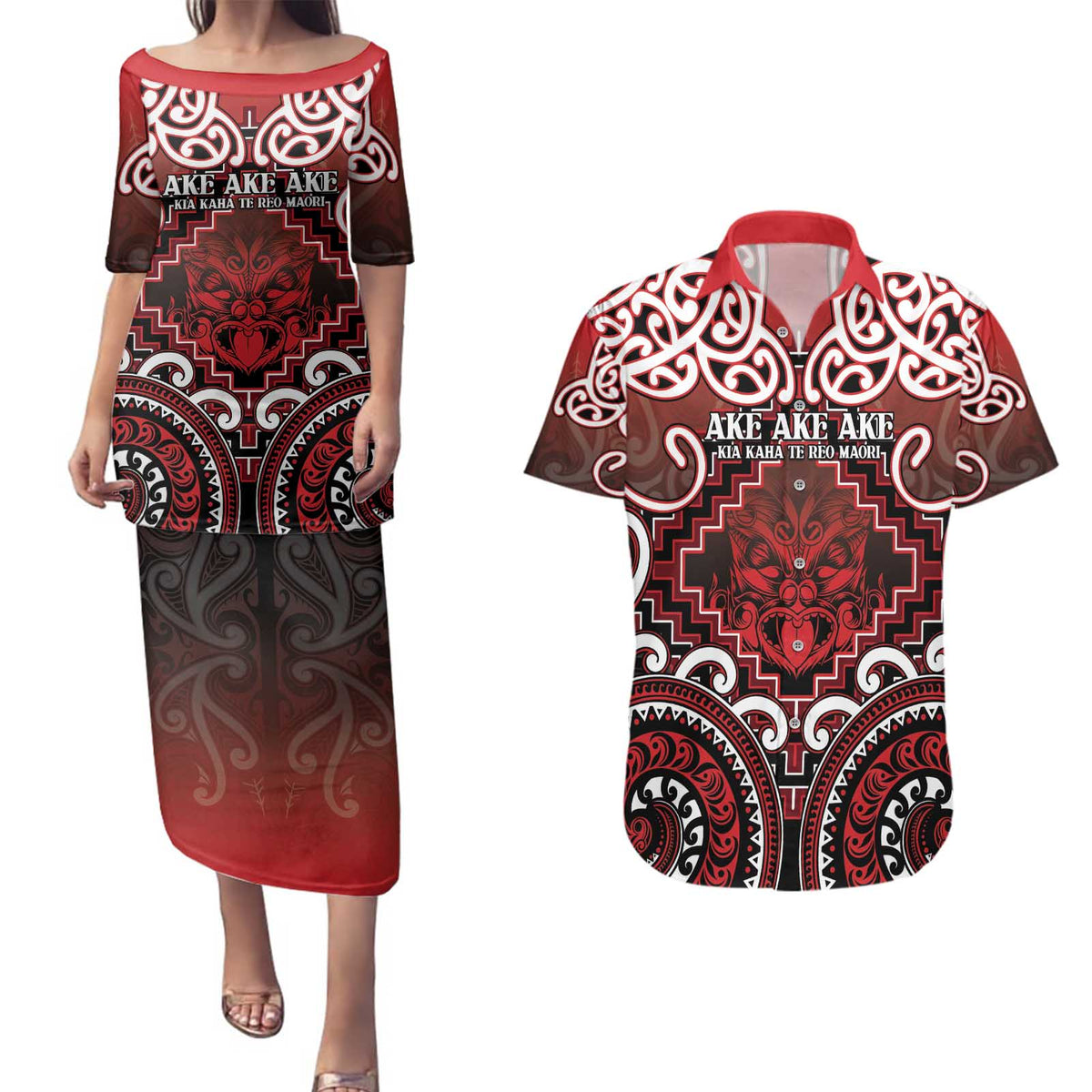 Personalised New Zealand Aotearoa Couples Matching Puletasi and Hawaiian Shirt Te Reo Maori Ake Ake Ake - Polynesian Pride