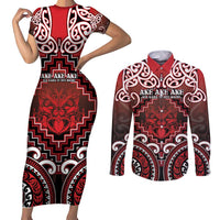 Personalised New Zealand Aotearoa Couples Matching Short Sleeve Bodycon Dress and Long Sleeve Button Shirt Te Reo Maori Ake Ake Ake - Polynesian Pride