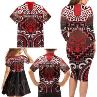 Personalised New Zealand Aotearoa Family Matching Long Sleeve Bodycon Dress and Hawaiian Shirt Te Reo Maori Ake Ake Ake - Polynesian Pride
