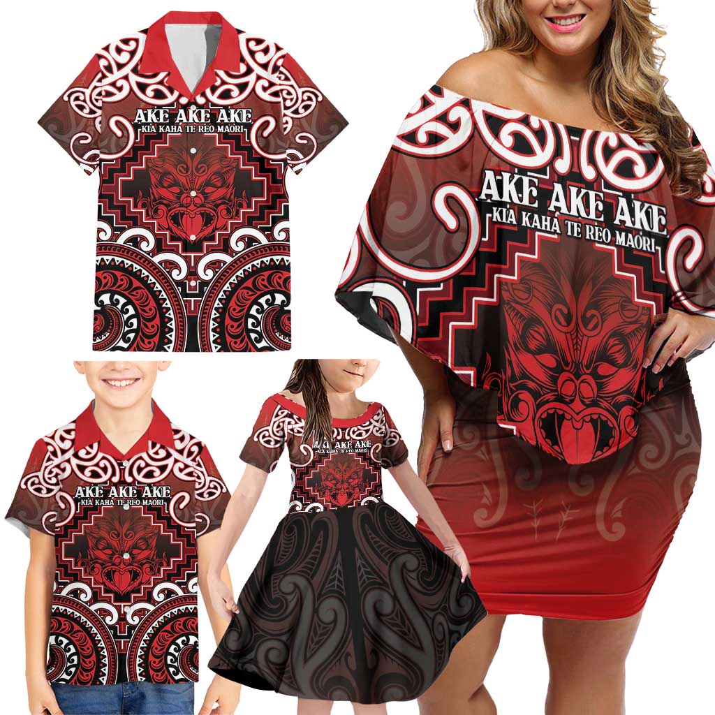 Personalised New Zealand Aotearoa Family Matching Off Shoulder Short Dress and Hawaiian Shirt Te Reo Maori Ake Ake Ake - Polynesian Pride