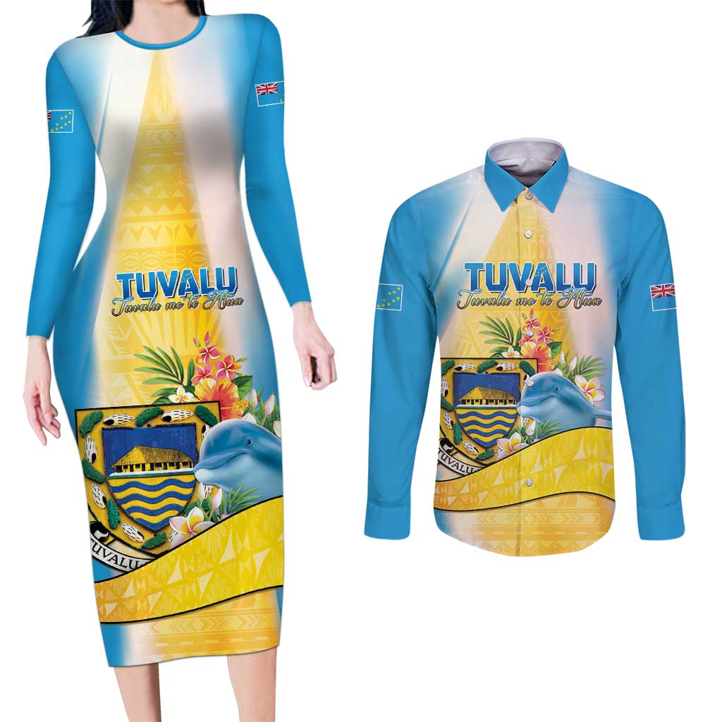 Personalised Tuvalu Independence Day Couples Matching Long Sleeve Bodycon Dress and Long Sleeve Button Shirt Tuvalu Mo Te Atua - Polynesian Pride
