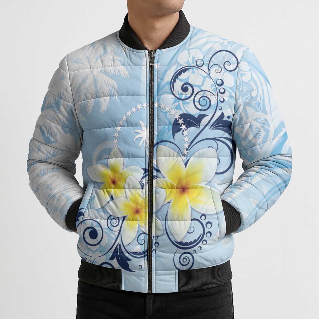 FSM Chuuk Constitution Day Bomber Puffer Jacket Polynesian Curves Plumeria - Polynesian Pride