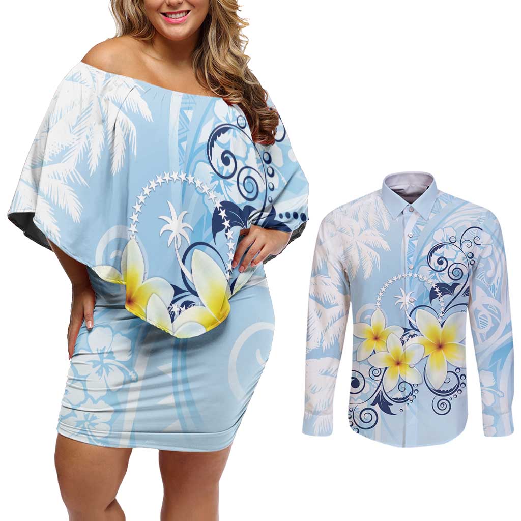 FSM Chuuk Constitution Day Couples Matching Off Shoulder Short Dress and Long Sleeve Button Shirt Polynesian Curves Plumeria - Polynesian Pride