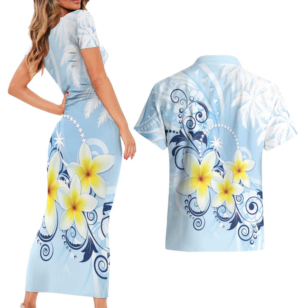 FSM Chuuk Constitution Day Couples Matching Short Sleeve Bodycon Dress and Hawaiian Shirt Polynesian Curves Plumeria - Polynesian Pride