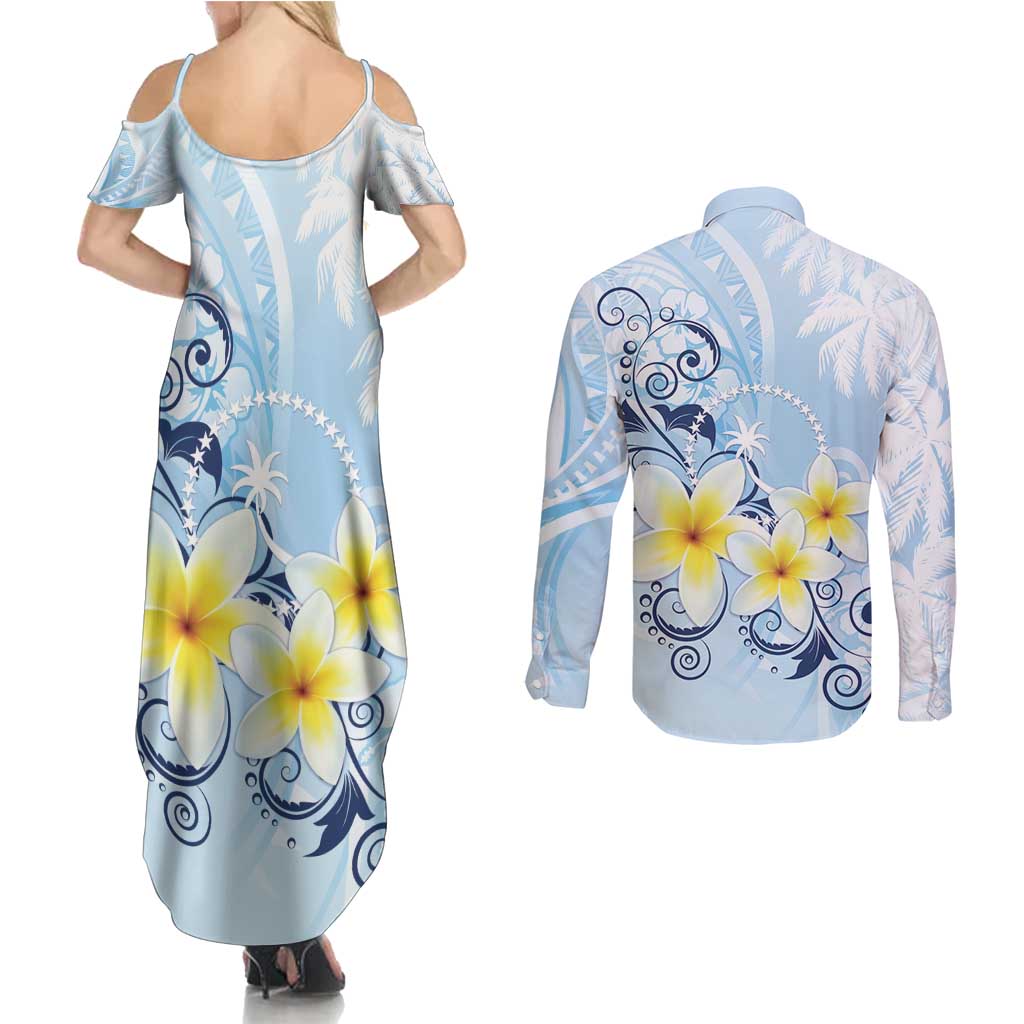 FSM Chuuk Constitution Day Couples Matching Summer Maxi Dress and Long Sleeve Button Shirt Polynesian Curves Plumeria - Polynesian Pride