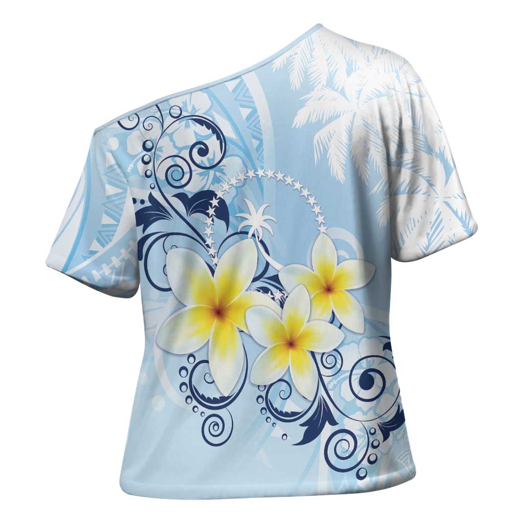 FSM Chuuk Constitution Day Cross Shoulder Shirt Polynesian Curves Plumeria - Polynesian Pride
