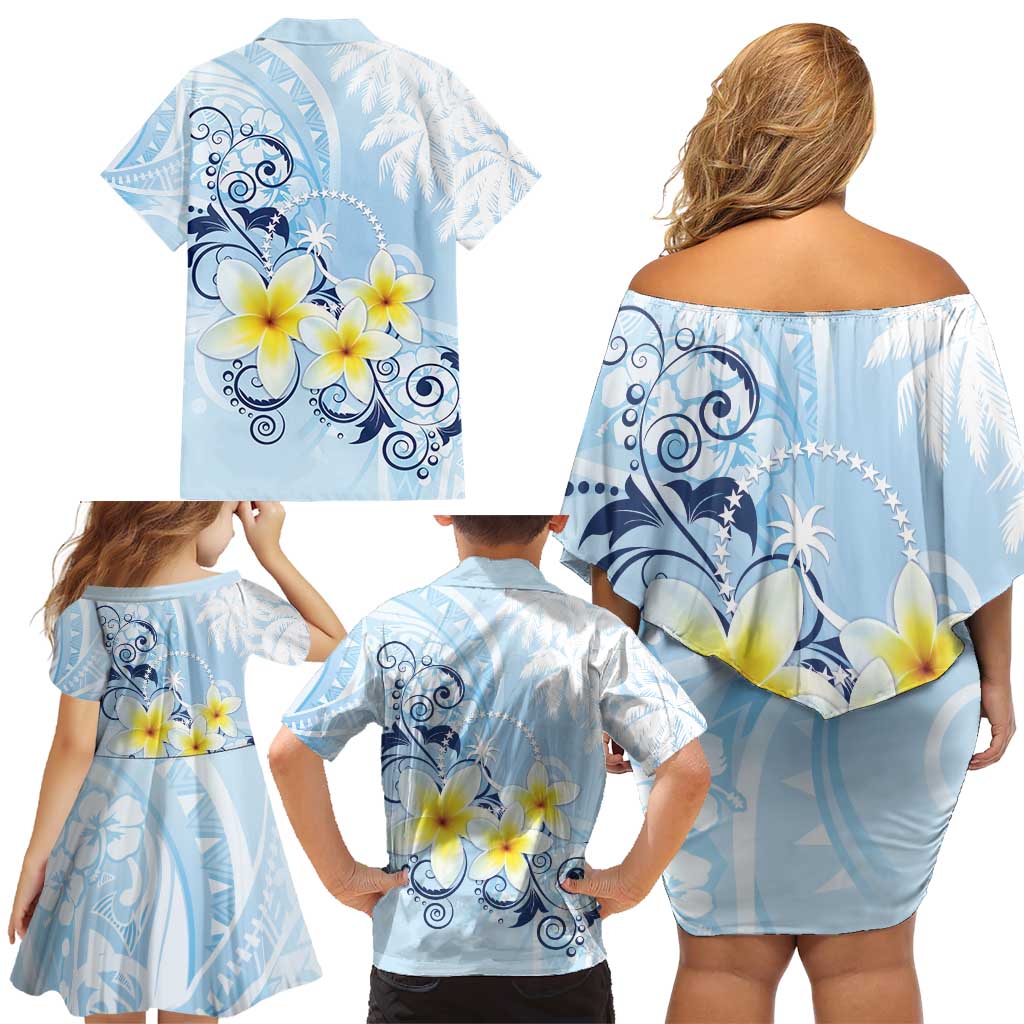 FSM Chuuk Constitution Day Family Matching Off Shoulder Short Dress and Hawaiian Shirt Polynesian Curves Plumeria - Polynesian Pride