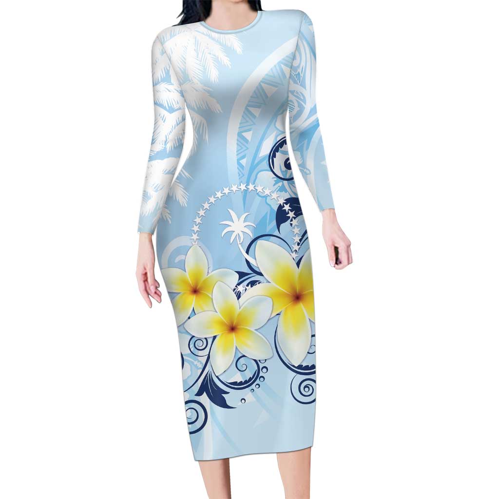 FSM Chuuk Constitution Day Long Sleeve Bodycon Dress Polynesian Curves Plumeria - Polynesian Pride