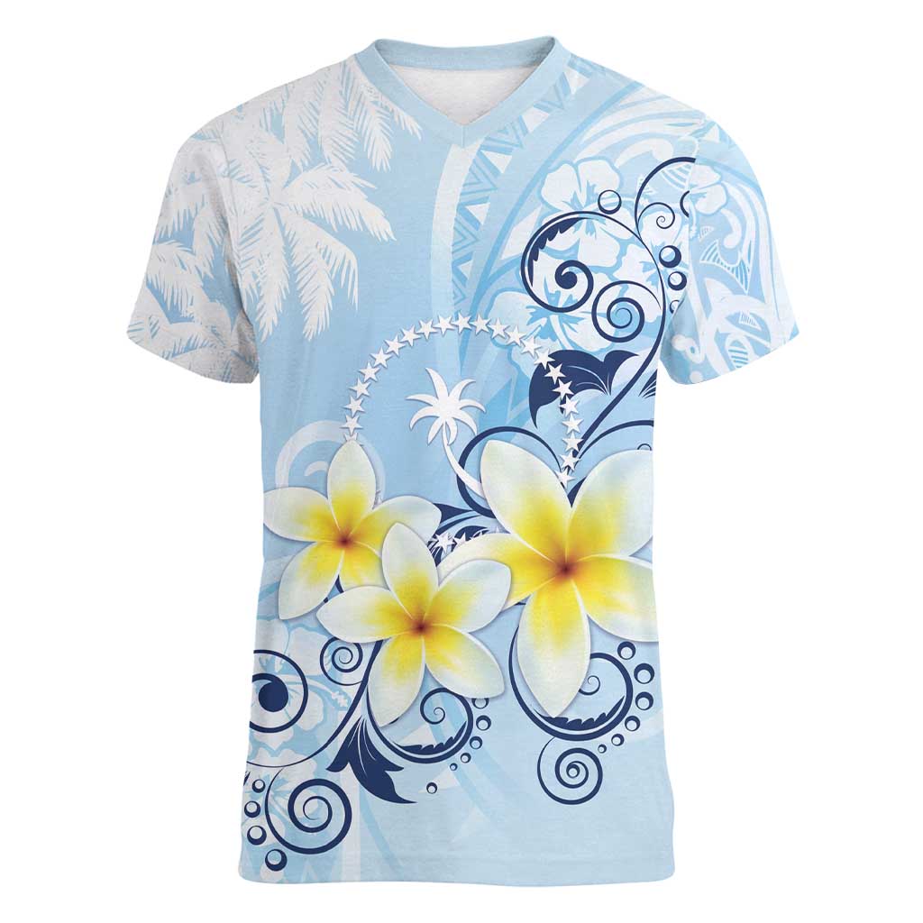 FSM Chuuk Constitution Day Women V-Neck T-Shirt Polynesian Curves Plumeria - Polynesian Pride