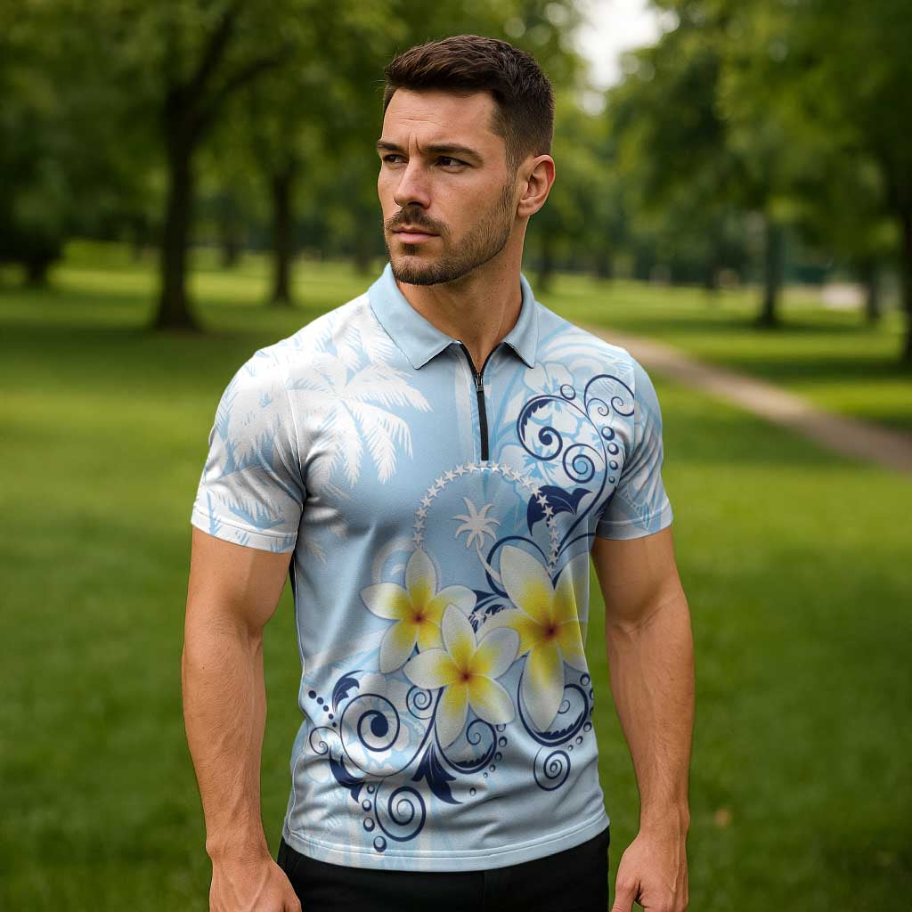 FSM Chuuk Constitution Day Zipper Polo Shirt Polynesian Curves Plumeria - Polynesian Pride