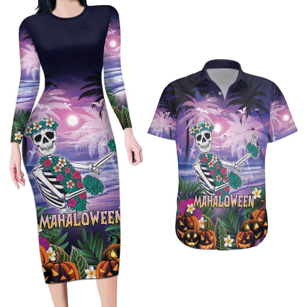 Happy Hulaween Couples Matching Long Sleeve Bodycon Dress and Hawaiian Shirt Mahaloween Skeleton Dancing