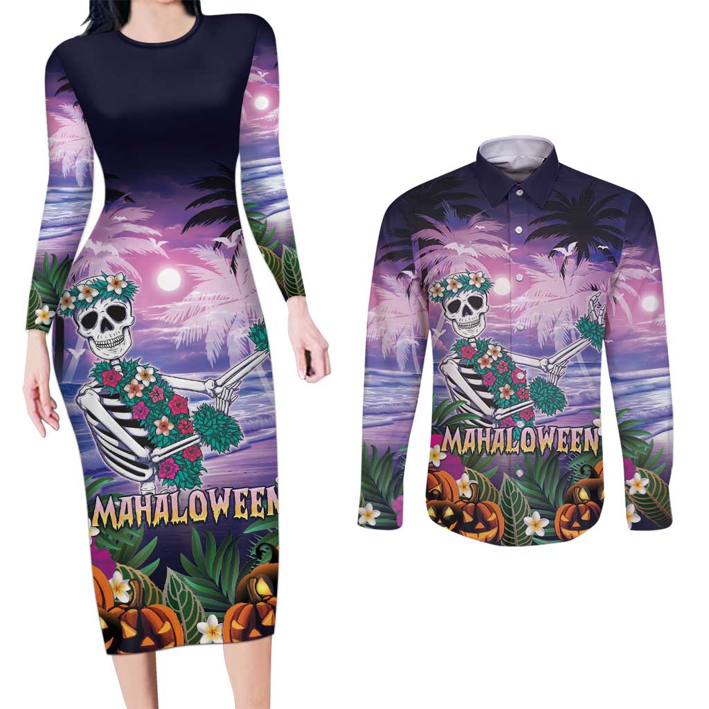 Happy Hulaween Couples Matching Long Sleeve Bodycon Dress and Long Sleeve Button Shirt Mahaloween Skeleton Dancing LT05 Purple - Polynesian Pride