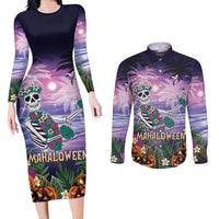 Happy Hulaween Couples Matching Long Sleeve Bodycon Dress and Long Sleeve Button Shirt Mahaloween Skeleton Dancing LT05 Purple - Polynesian Pride