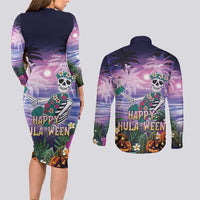 Happy Hulaween Couples Matching Long Sleeve Bodycon Dress and Long Sleeve Button Shirt Mahaloween Skeleton Dancing LT05 - Polynesian Pride