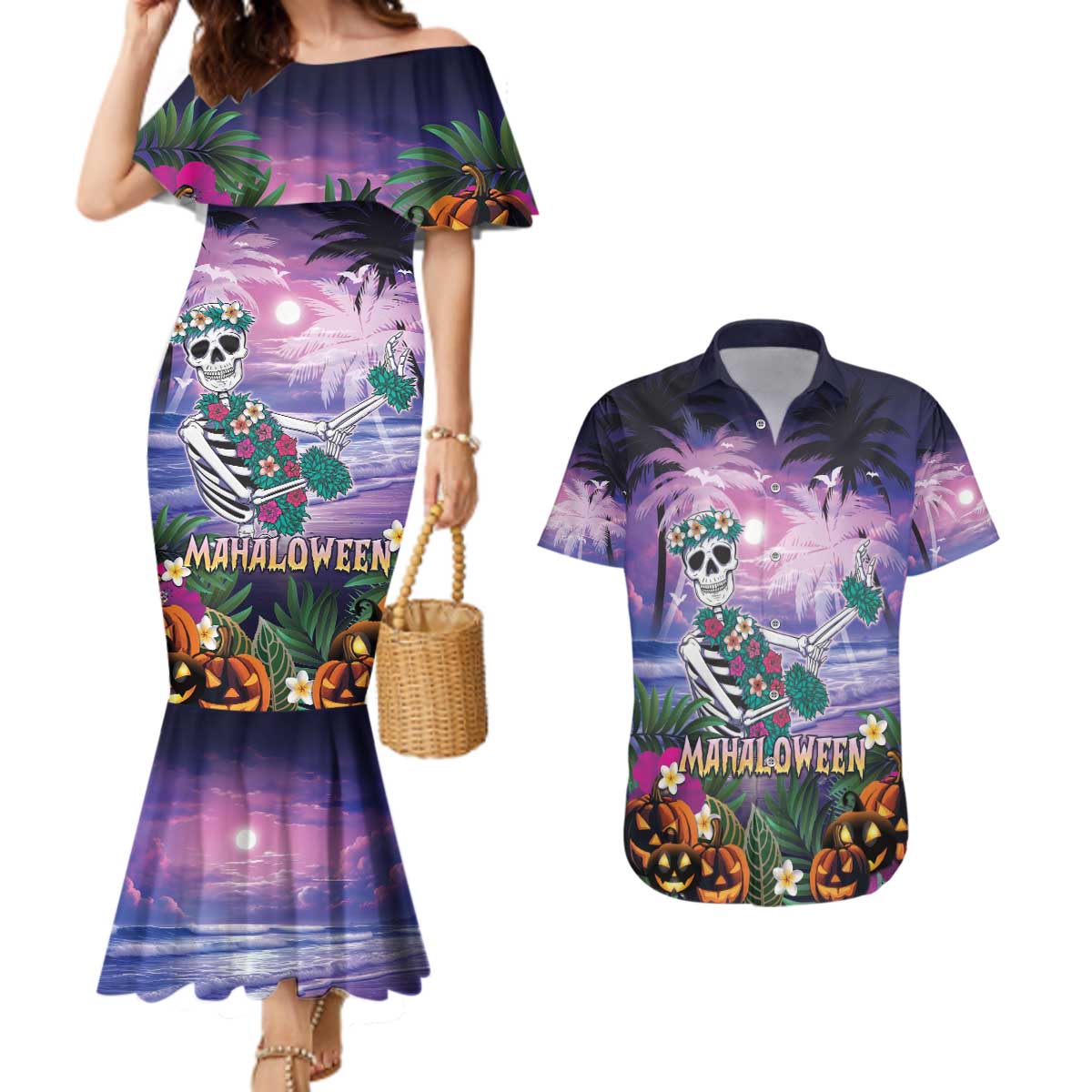 Happy Hulaween Couples Matching Mermaid Dress and Hawaiian Shirt Mahaloween Skeleton Dancing