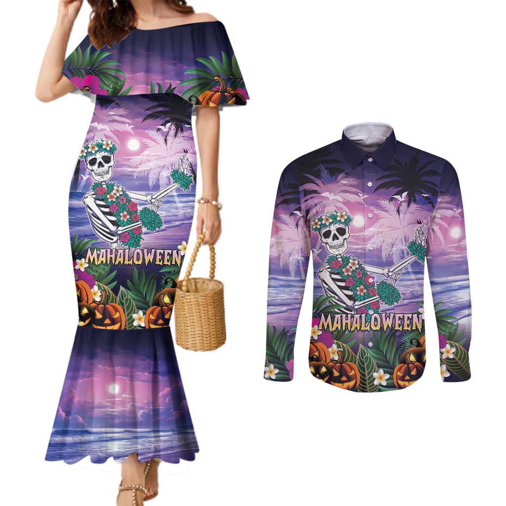 Happy Hulaween Couples Matching Mermaid Dress and Long Sleeve Button Shirt Mahaloween Skeleton Dancing LT05 Purple - Polynesian Pride