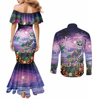 Happy Hulaween Couples Matching Mermaid Dress and Long Sleeve Button Shirt Mahaloween Skeleton Dancing LT05 - Polynesian Pride
