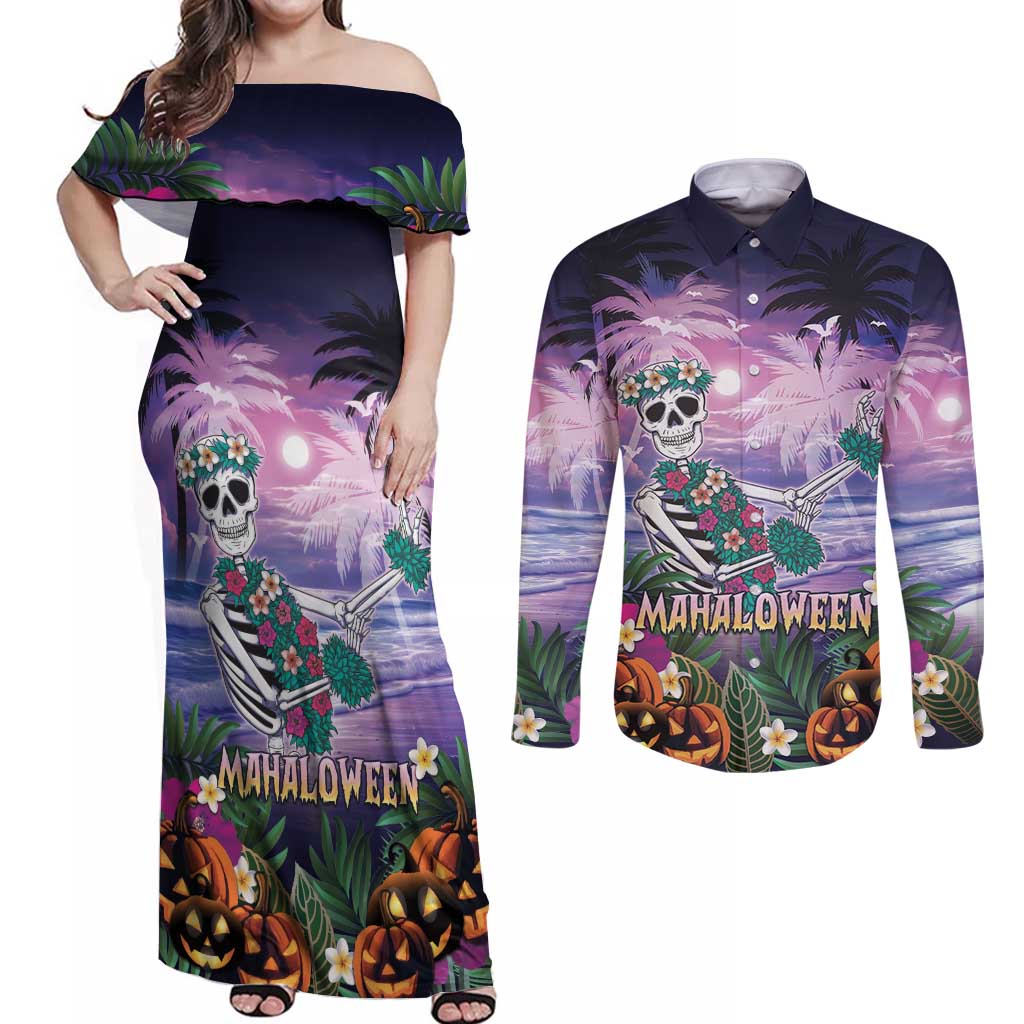 Happy Hulaween Couples Matching Off Shoulder Maxi Dress and Long Sleeve Button Shirt Mahaloween Skeleton Dancing LT05 Purple - Polynesian Pride