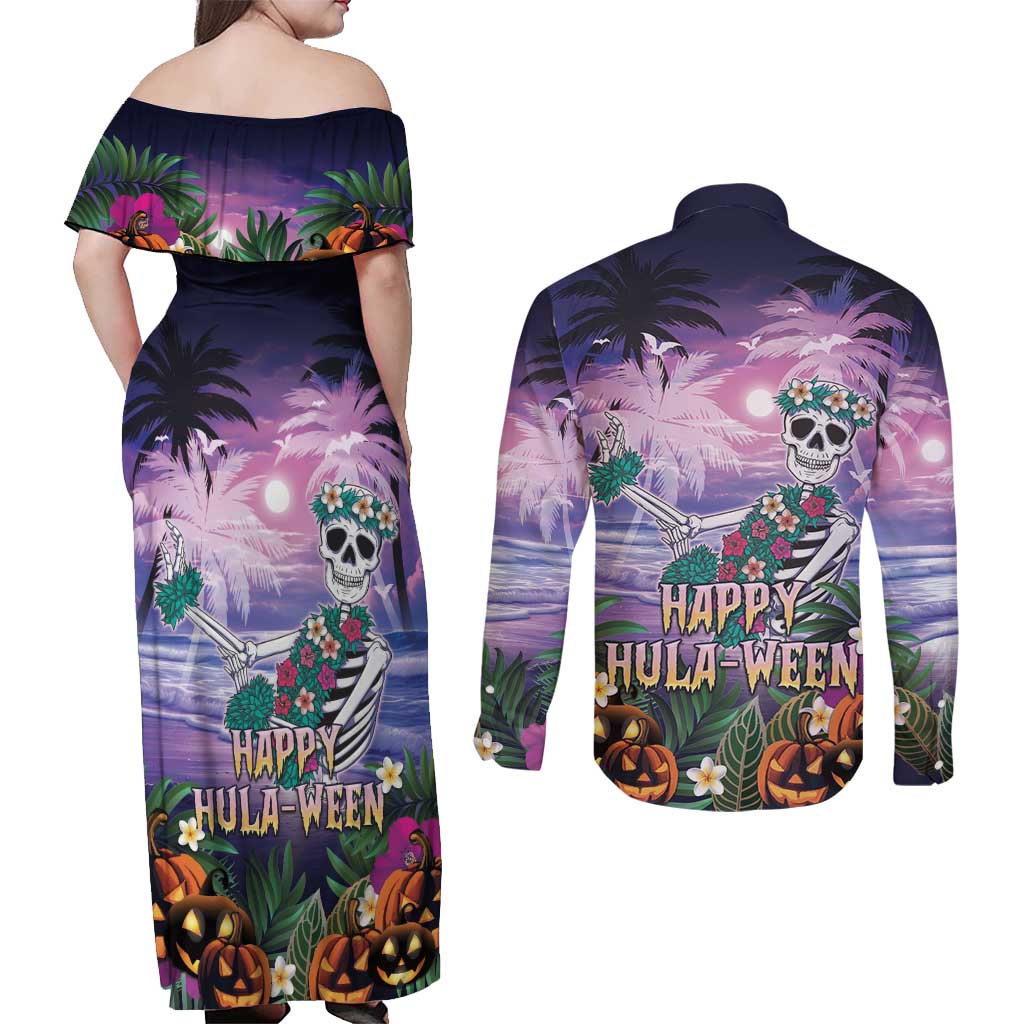 Happy Hulaween Couples Matching Off Shoulder Maxi Dress and Long Sleeve Button Shirt Mahaloween Skeleton Dancing LT05 - Polynesian Pride