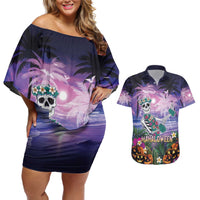 Happy Hulaween Couples Matching Off Shoulder Short Dress and Hawaiian Shirt Mahaloween Skeleton Dancing LT05 Purple - Polynesian Pride