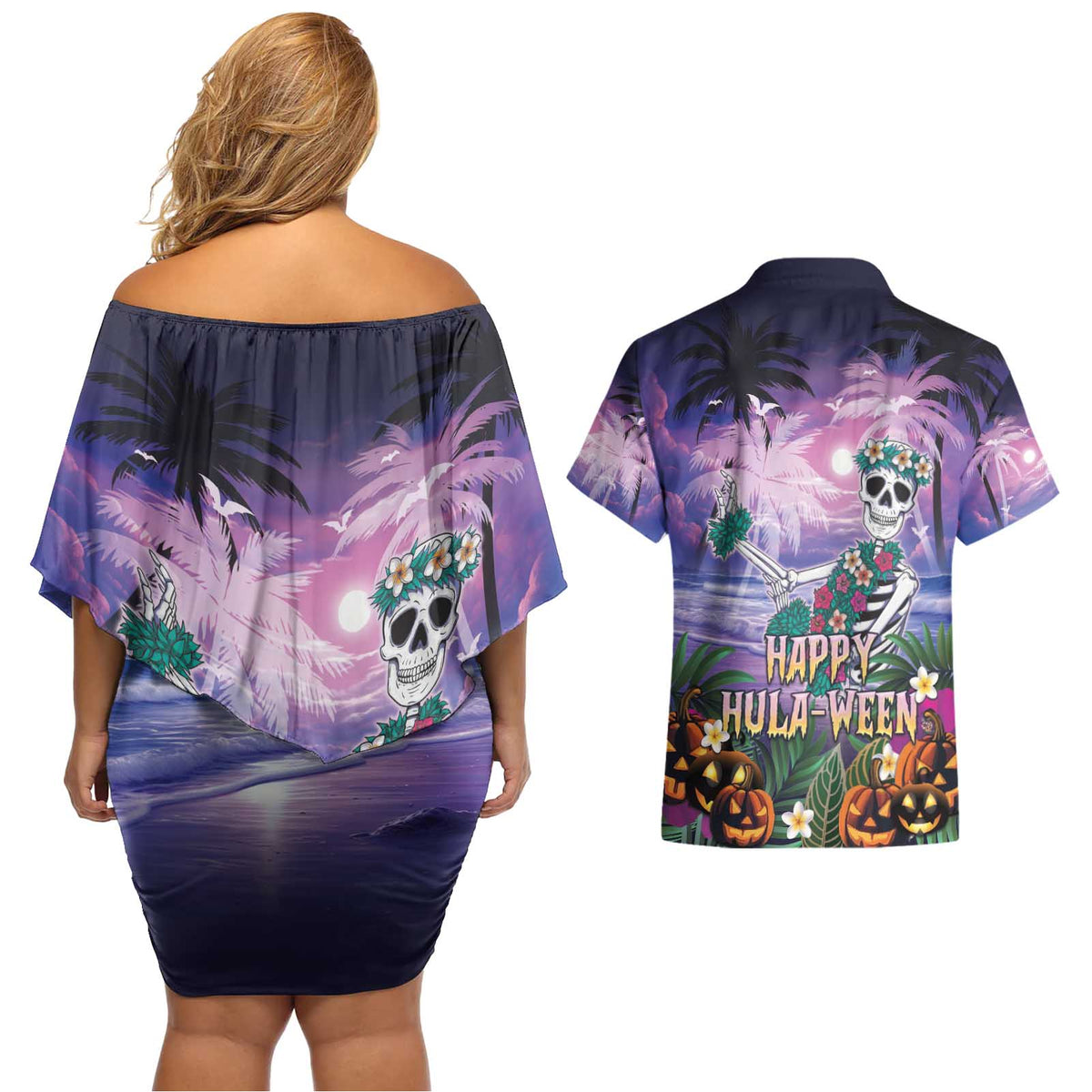 Happy Hulaween Couples Matching Off Shoulder Short Dress and Hawaiian Shirt Mahaloween Skeleton Dancing LT05 - Polynesian Pride