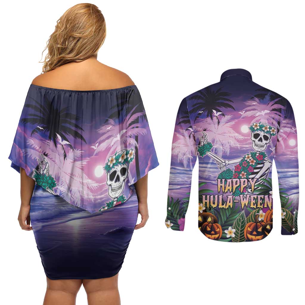 Happy Hulaween Couples Matching Off Shoulder Short Dress and Long Sleeve Button Shirt Mahaloween Skeleton Dancing LT05 - Polynesian Pride
