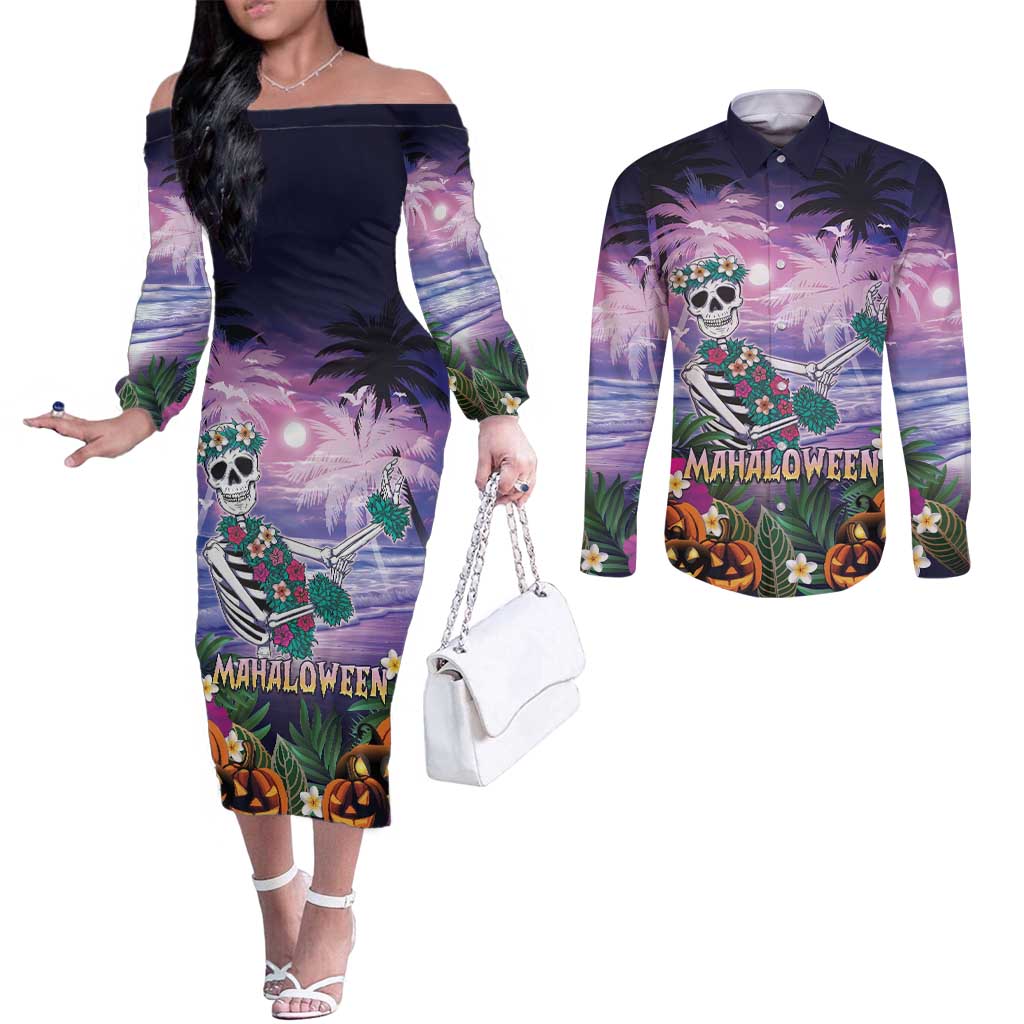 Happy Hulaween Couples Matching Off The Shoulder Long Sleeve Dress and Long Sleeve Button Shirt Mahaloween Skeleton Dancing LT05 Purple - Polynesian Pride