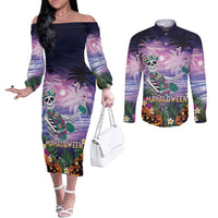 Happy Hulaween Couples Matching Off The Shoulder Long Sleeve Dress and Long Sleeve Button Shirt Mahaloween Skeleton Dancing LT05 Purple - Polynesian Pride
