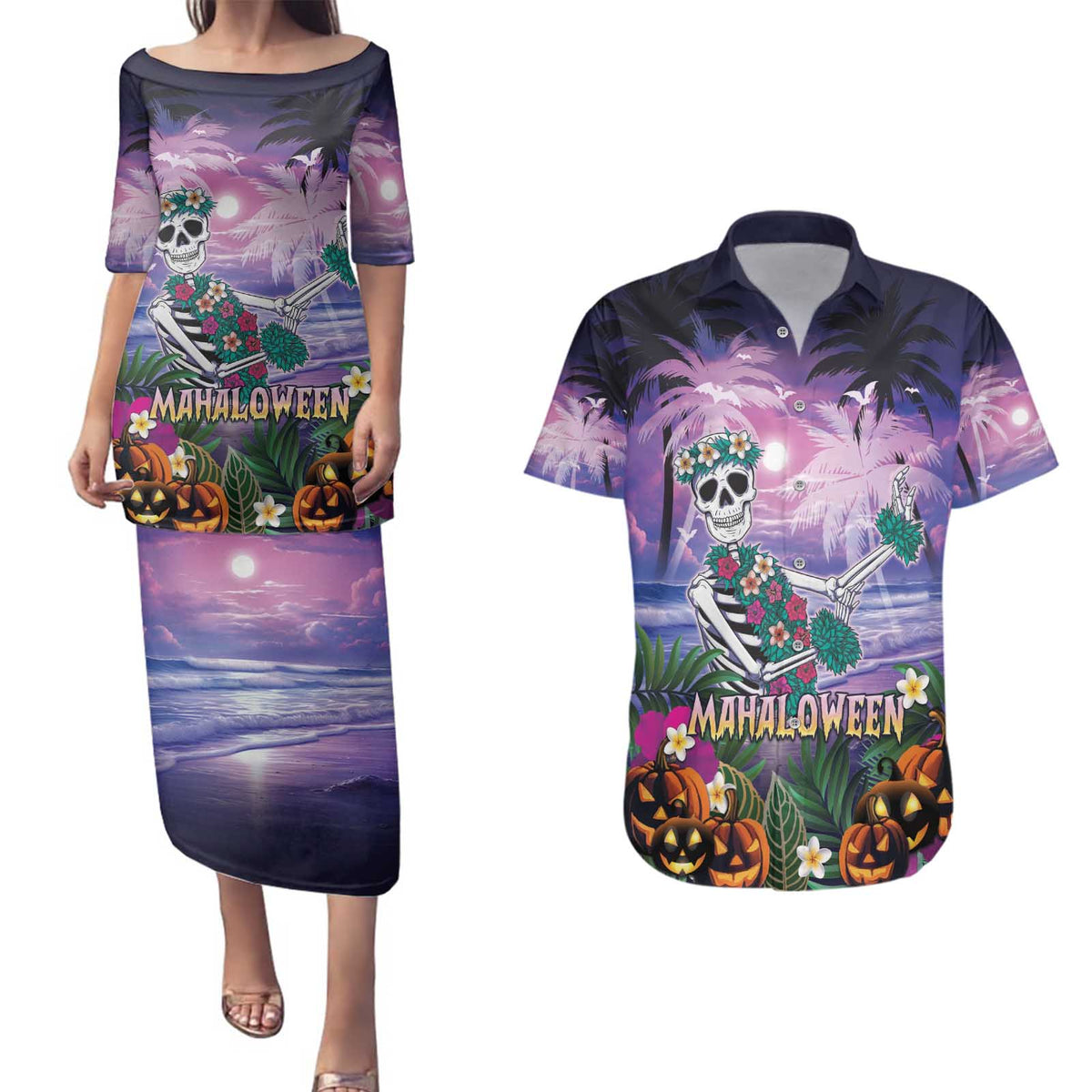 Happy Hulaween Couples Matching Puletasi and Hawaiian Shirt Mahaloween Skeleton Dancing LT05 Purple - Polynesian Pride