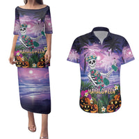 Happy Hulaween Couples Matching Puletasi and Hawaiian Shirt Mahaloween Skeleton Dancing LT05 Purple - Polynesian Pride