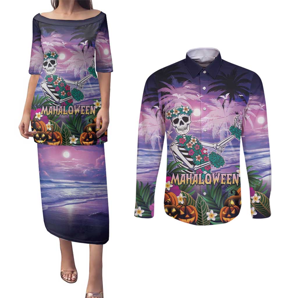 Happy Hulaween Couples Matching Puletasi and Long Sleeve Button Shirt Mahaloween Skeleton Dancing LT05 Purple - Polynesian Pride