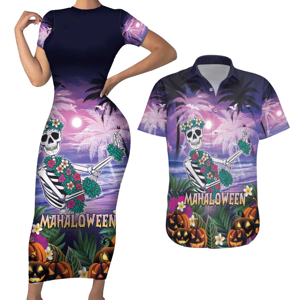 Happy Hulaween Couples Matching Short Sleeve Bodycon Dress and Hawaiian Shirt Mahaloween Skeleton Dancing LT05 Purple - Polynesian Pride