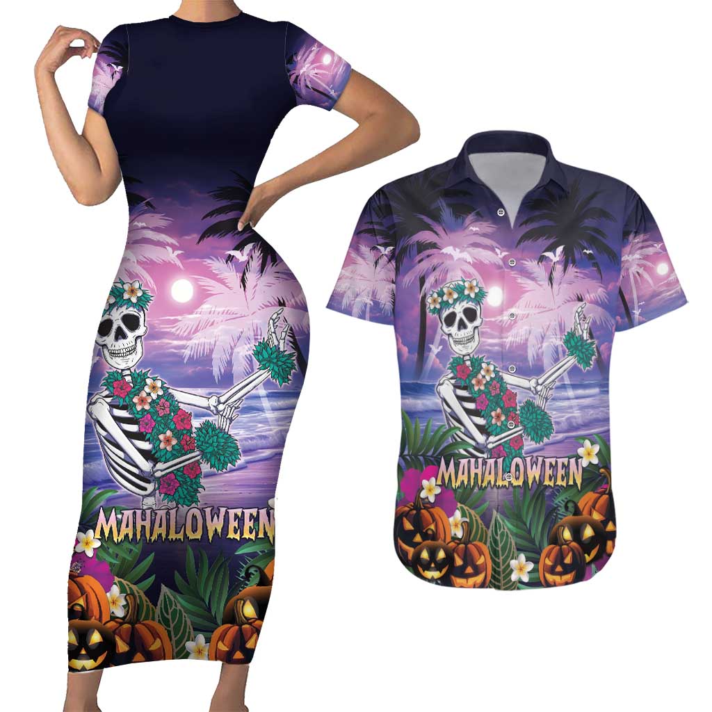 Happy Hulaween Couples Matching Short Sleeve Bodycon Dress and Hawaiian Shirt Mahaloween Skeleton Dancing