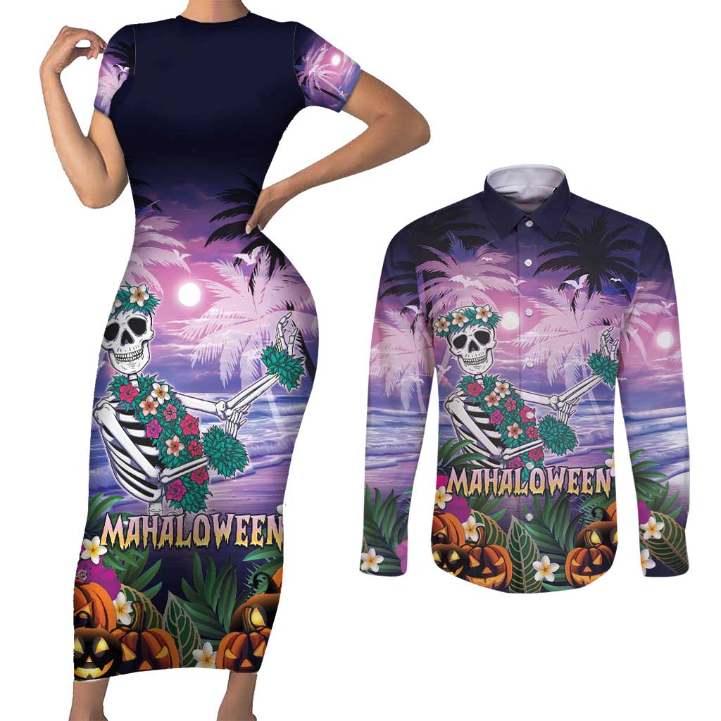 Happy Hulaween Couples Matching Short Sleeve Bodycon Dress and Long Sleeve Button Shirt Mahaloween Skeleton Dancing LT05 Purple - Polynesian Pride