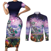 Happy Hulaween Couples Matching Short Sleeve Bodycon Dress and Long Sleeve Button Shirt Mahaloween Skeleton Dancing LT05 Purple - Polynesian Pride