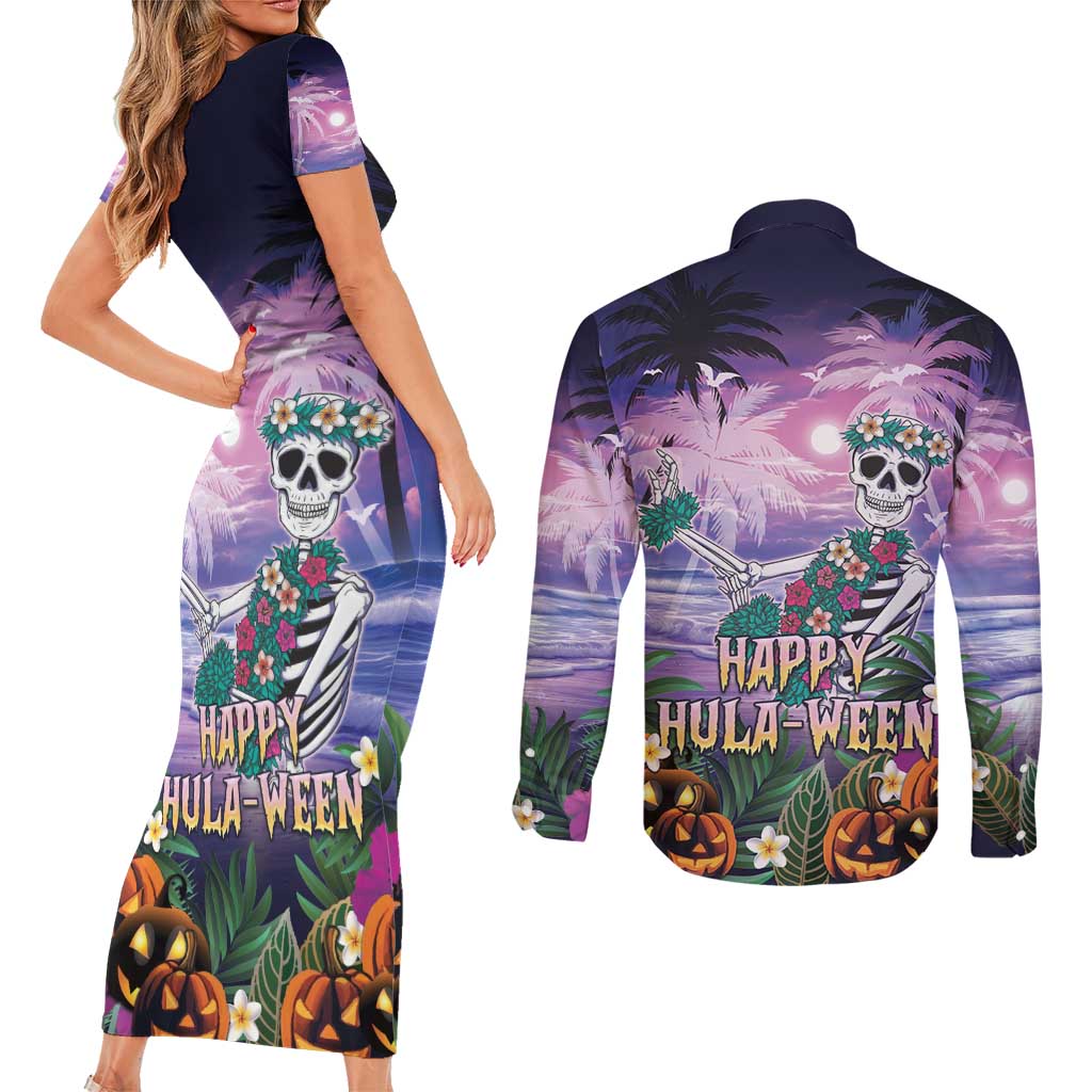 Happy Hulaween Couples Matching Short Sleeve Bodycon Dress and Long Sleeve Button Shirt Mahaloween Skeleton Dancing LT05 - Polynesian Pride