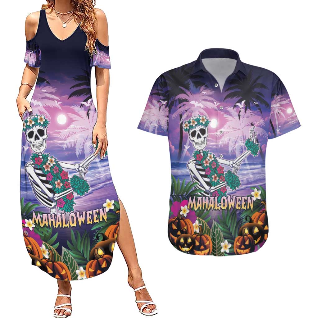 Happy Hulaween Couples Matching Summer Maxi Dress and Hawaiian Shirt Mahaloween Skeleton Dancing LT05 Purple - Polynesian Pride