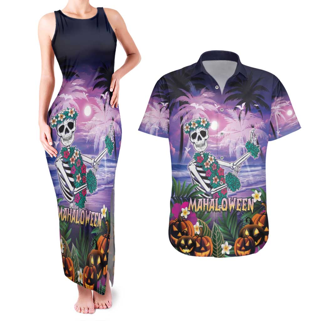 Happy Hulaween Couples Matching Tank Maxi Dress and Hawaiian Shirt Mahaloween Skeleton Dancing LT05 Purple - Polynesian Pride
