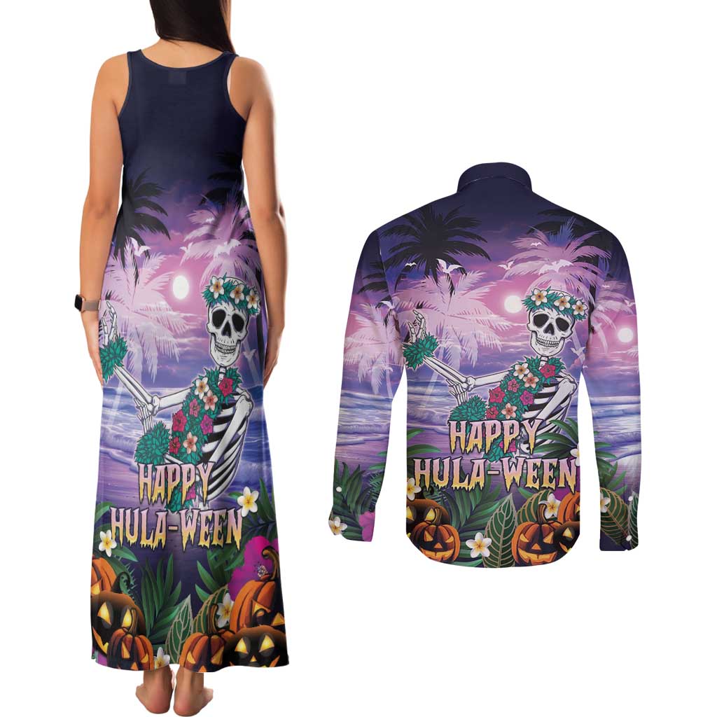 Happy Hulaween Couples Matching Tank Maxi Dress and Long Sleeve Button Shirt Mahaloween Skeleton Dancing LT05 - Polynesian Pride