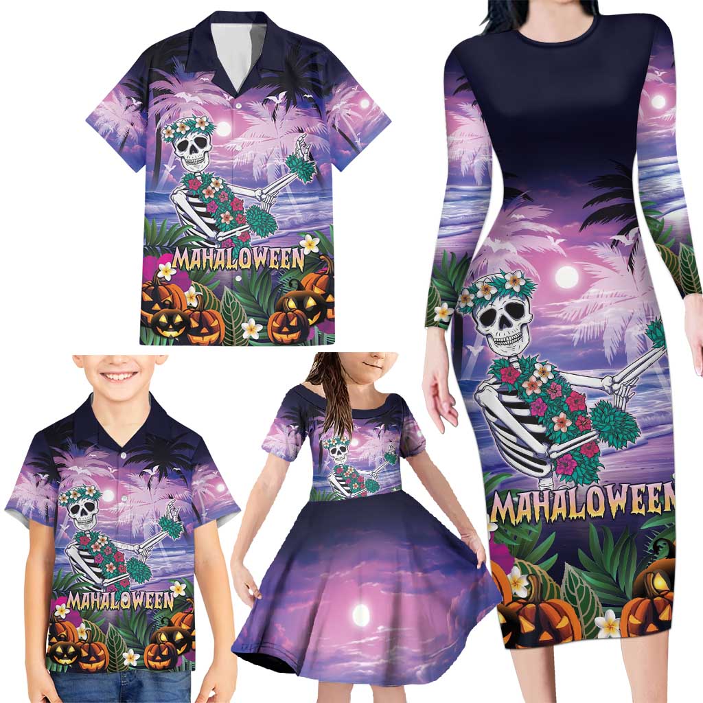 Happy Hulaween Family Matching Long Sleeve Bodycon Dress and Hawaiian Shirt Mahaloween Skeleton Dancing